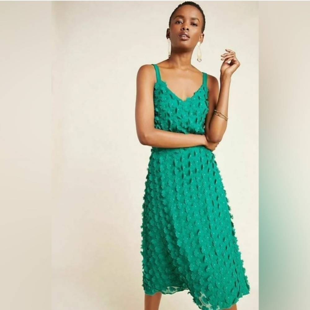 Anthropologie Eva Franco Hanya Floral Embellished Textured Midi Green Dress